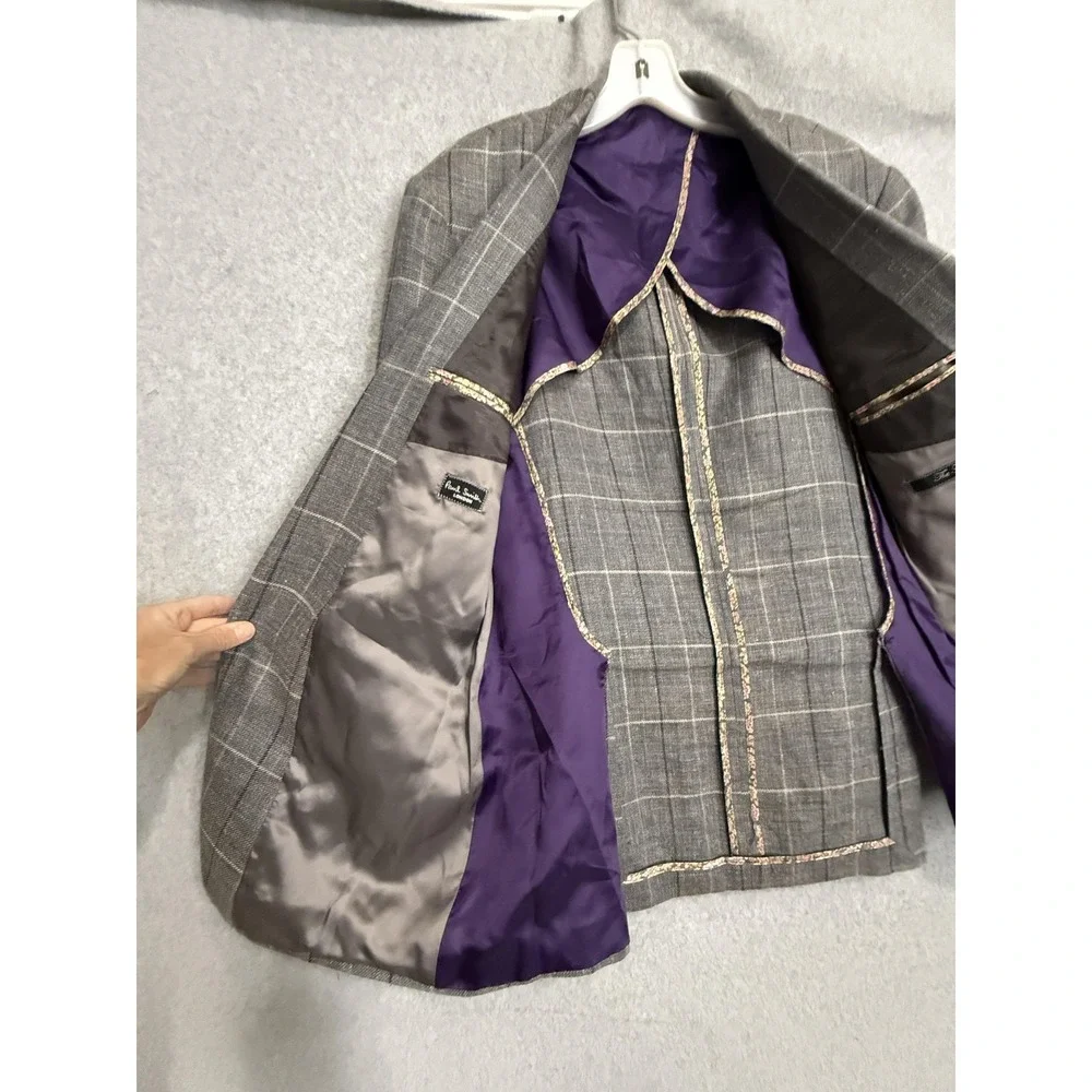Paul Smith Blazer Sport Coat Mens 40R Gray Silk Linen Plaid Check Italy Jacket